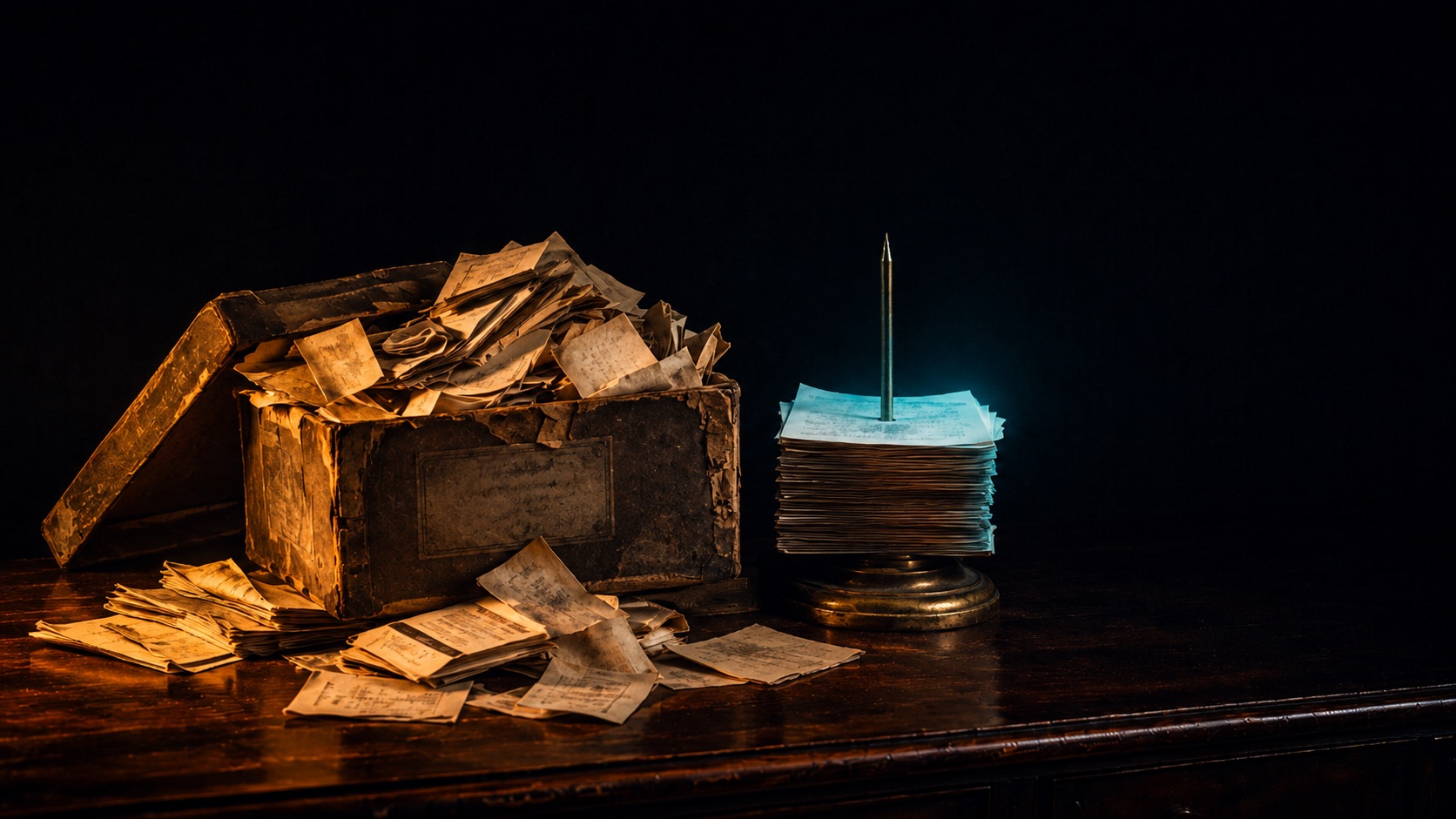 A battered Victorian deed box on a dark desk, overflowing with crumpled receipts that spill across the wood, and beside it a brass document spike holding one neat squared sheaf lit in teal.