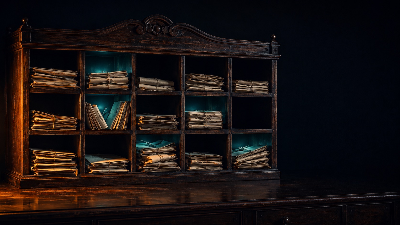 A Victorian wooden pigeonhole letter rack on a dark desk, most compartments packed with folded papers and lit amber, a few empty and glowing teal.