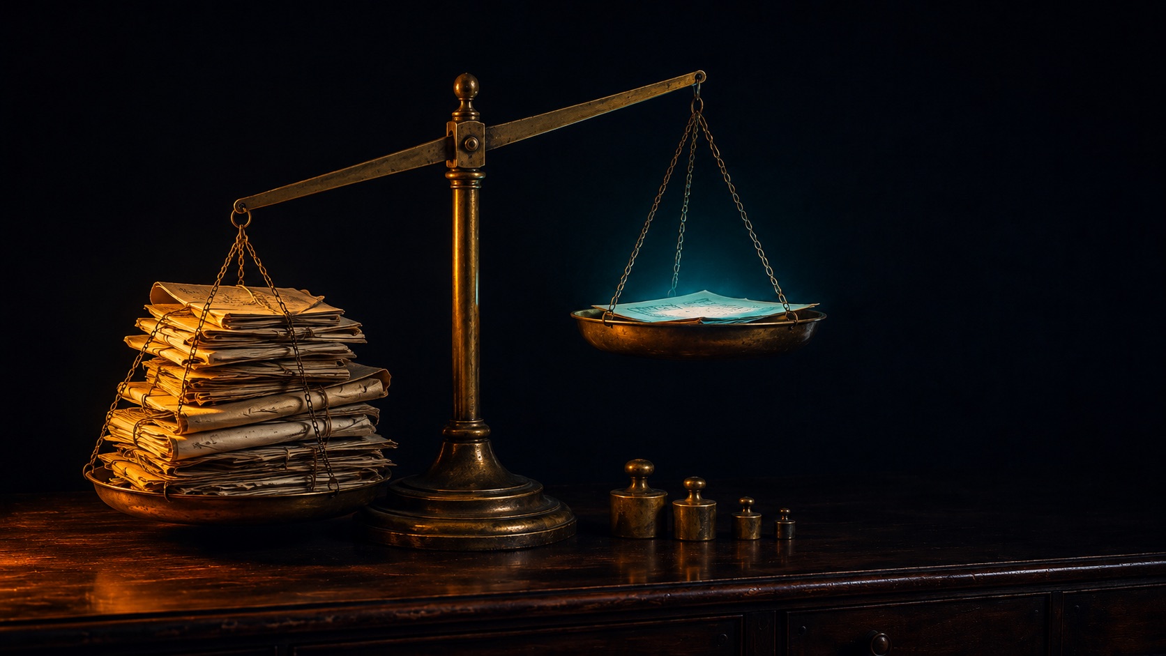 An antique brass balance scale on a dark desk, one pan heaped with bundled papers and tipped low, the raised pan holding only a few sheets lit in teal.
