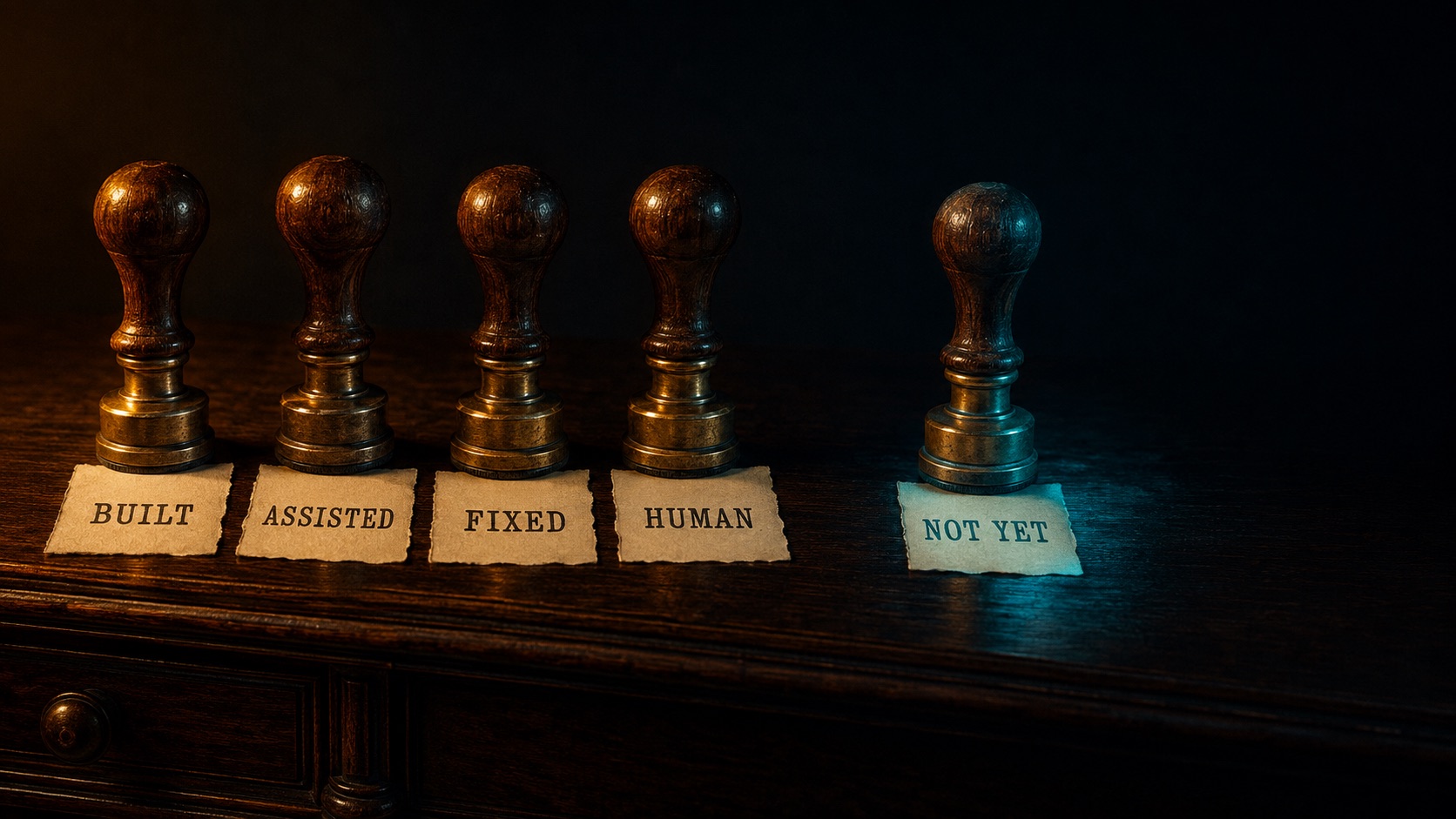 Five antique desk stamps in a row on a dark desk, each above its stamped paper slip. Four slips read Built, Assisted, Fixed, and Human in dark ink; the fifth stamp stands apart, its slip reading Not Yet in teal.